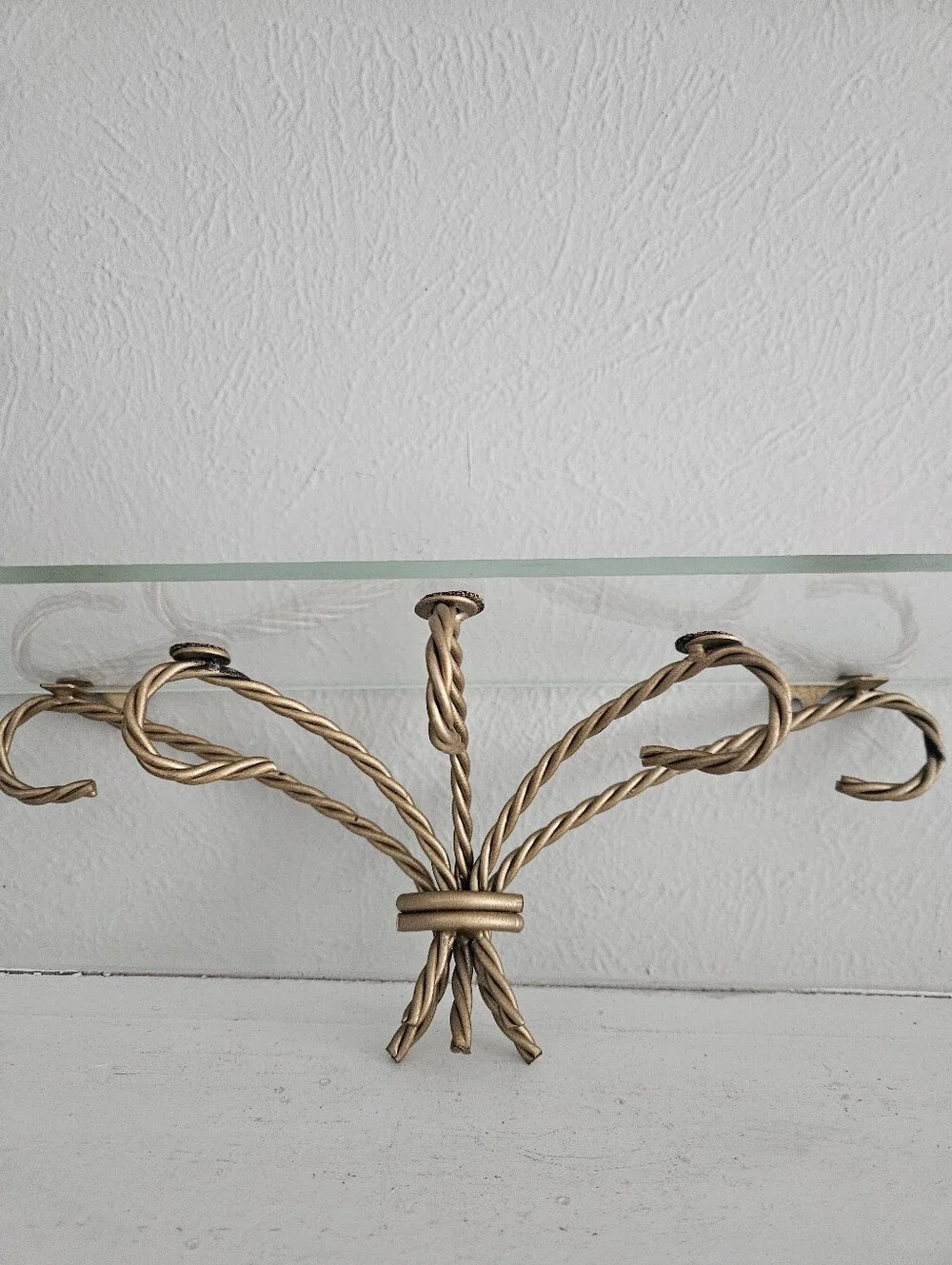 Vintage HOMCO Chateau Twisted Gold Brass Rope Decorative Wall Shelf With Glass